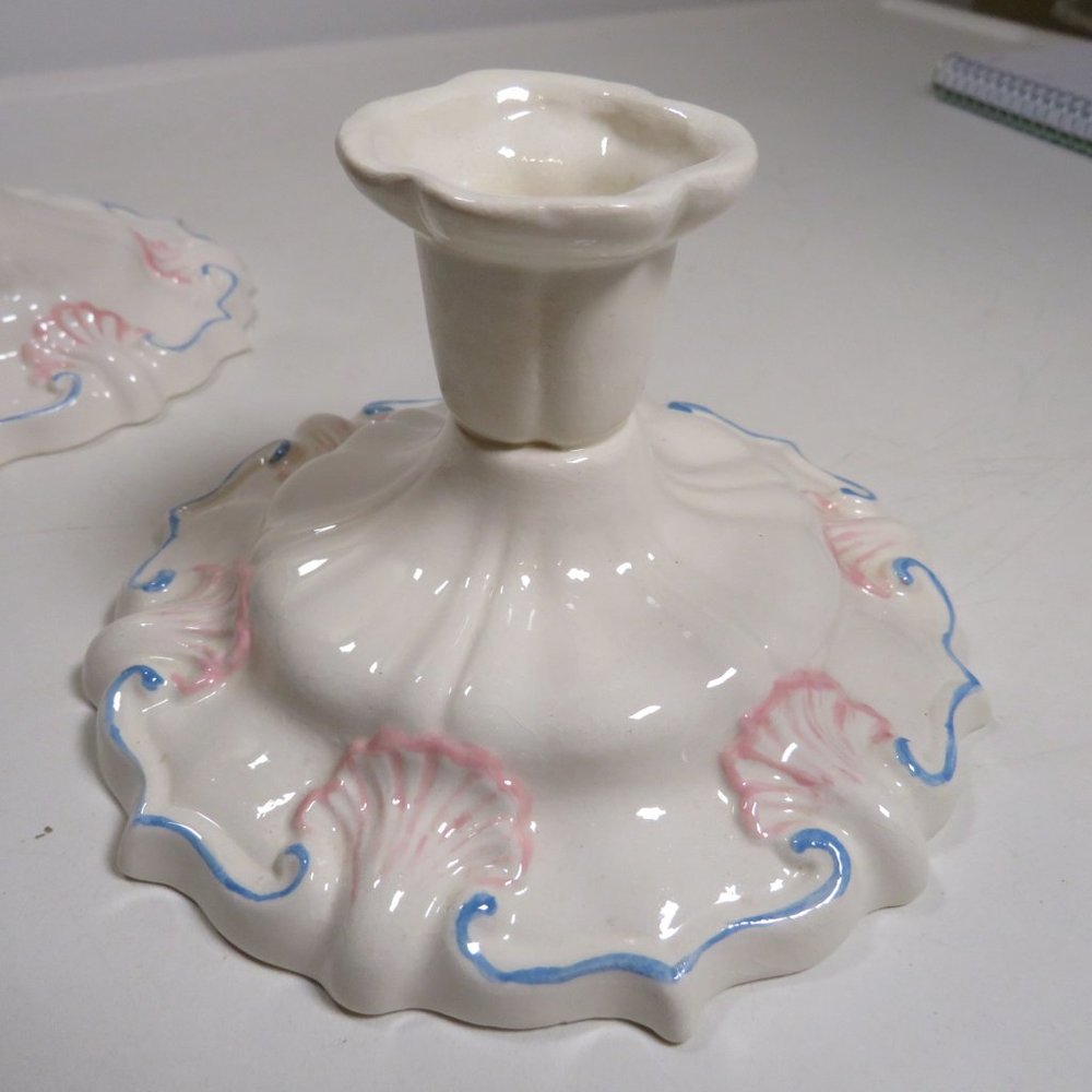 Ceramic CANDLE HOLDERS (set of 2) Pink & Light Blue on white handcrafted 1984 - Picture 4 of 13